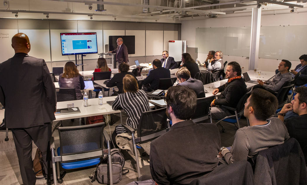 Members of the Turkish Trade Expo listen to a presentation by StartUP NV at the International I ...