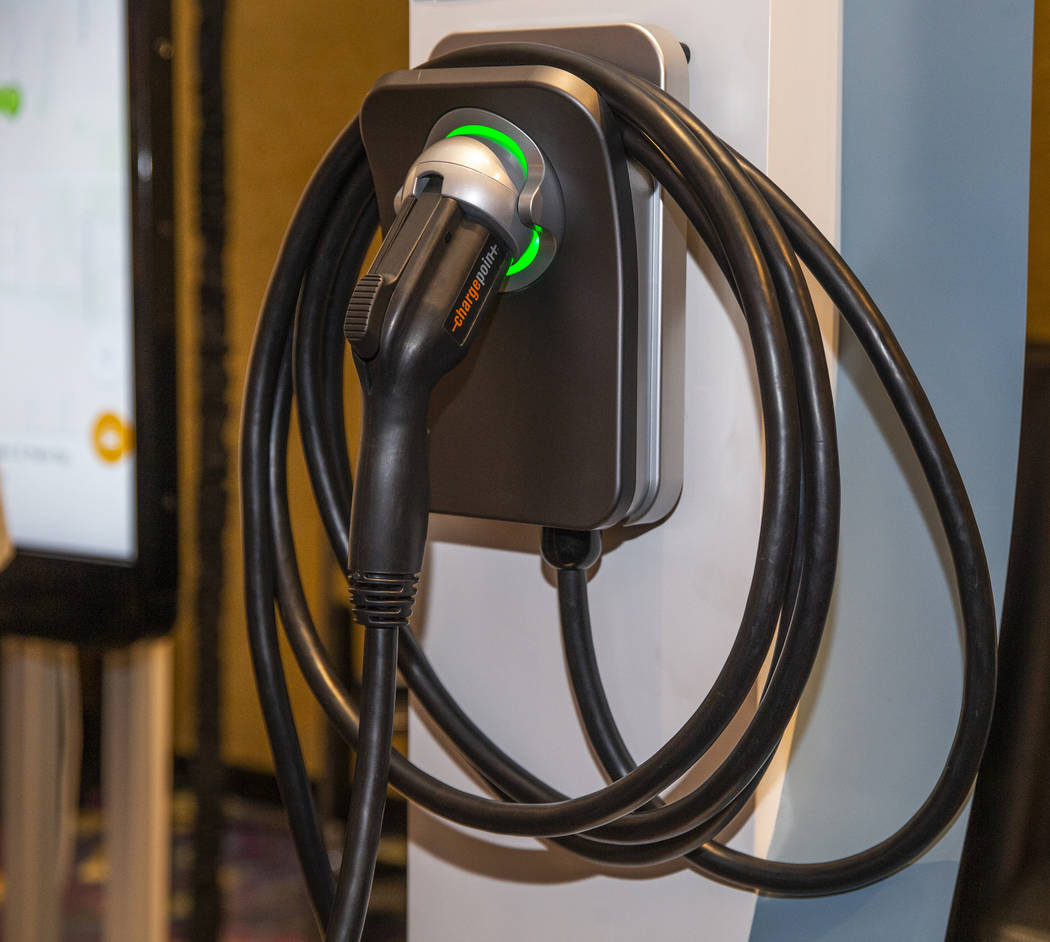 A new ChargePoint electric vehicle (EV) charging station on display during Pepcom's Digital Exp ...