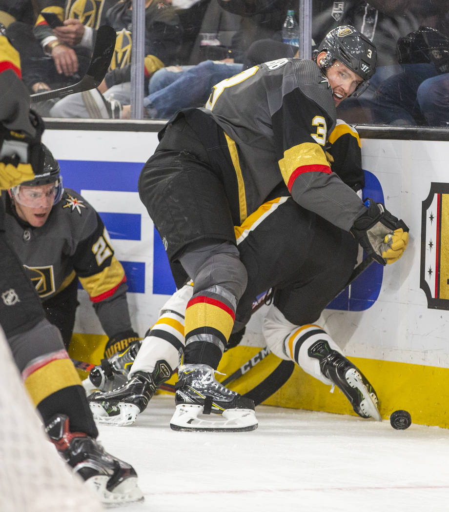 Vegas Golden Knights' Brayden McNabb (3) defends the puck against the Pittsburgh Penguins durin ...