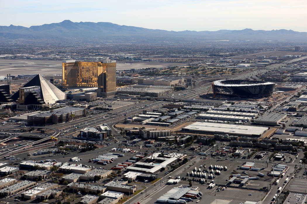 An aerial view of Allegiant Stadium from the Goodyear blimp on Tuesday, January 7, 2020. (Micha ...