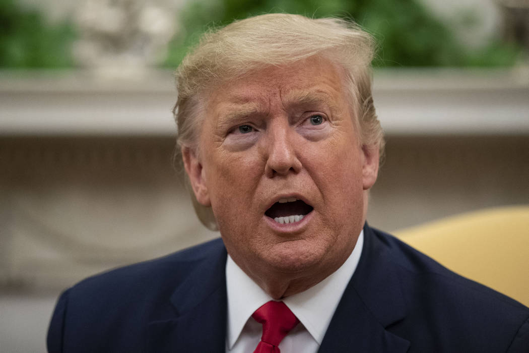 President Donald Trump speaks during a meeting with Greek Prime Minister Kyriakos Mitsotakis in ...
