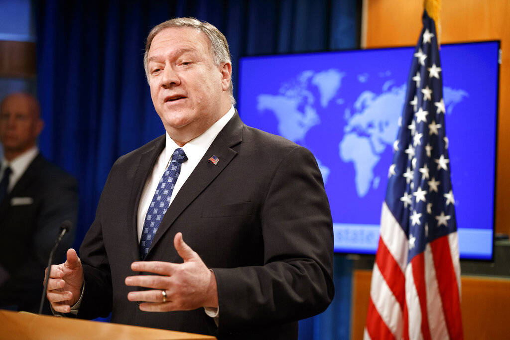Secretary of State Mike Pompeo speaks about Iran, Tuesday Jan. 7, 2020, at the State Department ...