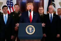 President Donald Trump addresses the nation from the White House on the ballistic missile strik ...