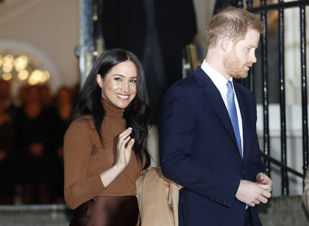 FILE - In this Tuesday, Jan. 7, 2020 file photo, Britain's Prince Harry and Meghan, Duchess of ...