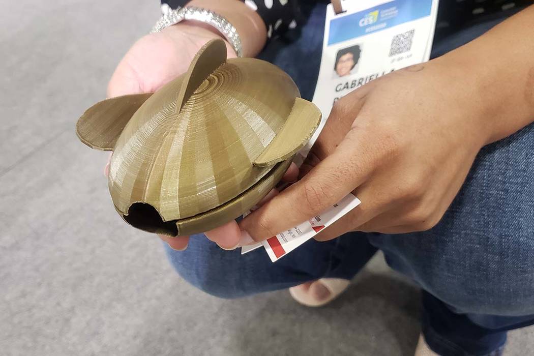 Gabriella Pleasant of Pleasant Robotics shows off Peter, the palm-sized, turtle-shaped device t ...