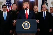 President Donald Trump addresses the nation from the White House on the ballistic missile strik ...