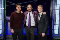 In this image released by ABC, from left, James Holzhauer, Brad Rutter and Ken Jennings appear ...