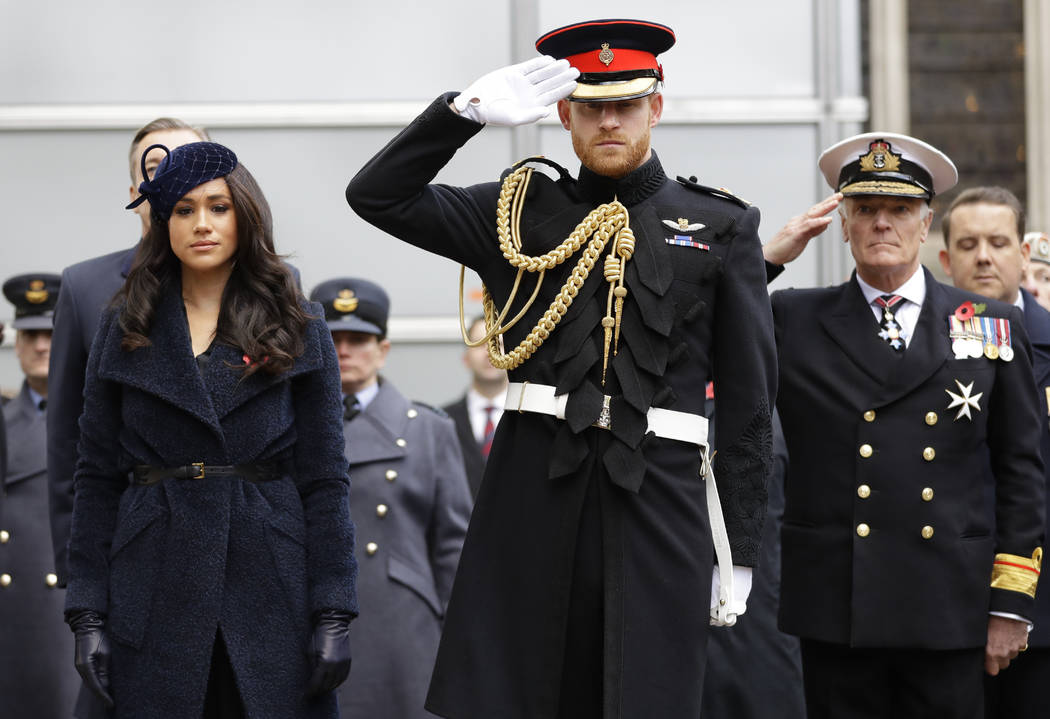 FILE - In this Thursday, Nov. 7, 2019 file photo, Britain's Prince Harry and Meghan, the Duches ...