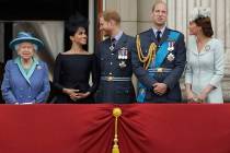In a Tuesday, July 10, 2018, file photo Britain's Queen Elizabeth II, and from left, Meghan the ...