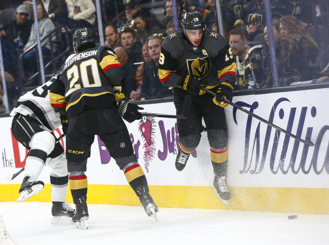 Golden Knights' Reilly Smith (19) follows the puck during the first period of an NHL hockey gam ...