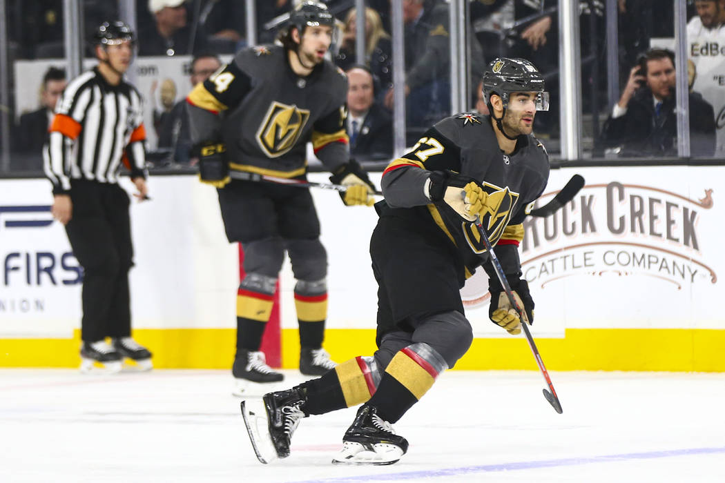 Golden Knights' Max Pacioretty (67) skates after the puck during the first period of an NHL hoc ...