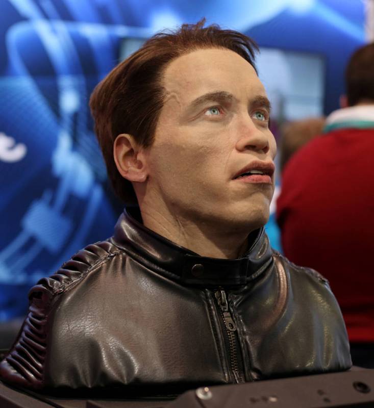 The animatronic bust of Arnold Schwarzenegger introduced by Promobot is displayed at the Las Ve ...
