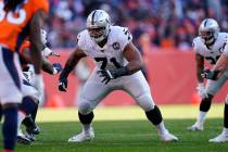 Oakland Raiders offensive tackle Denzelle Good during the first half of an NFL football game ag ...