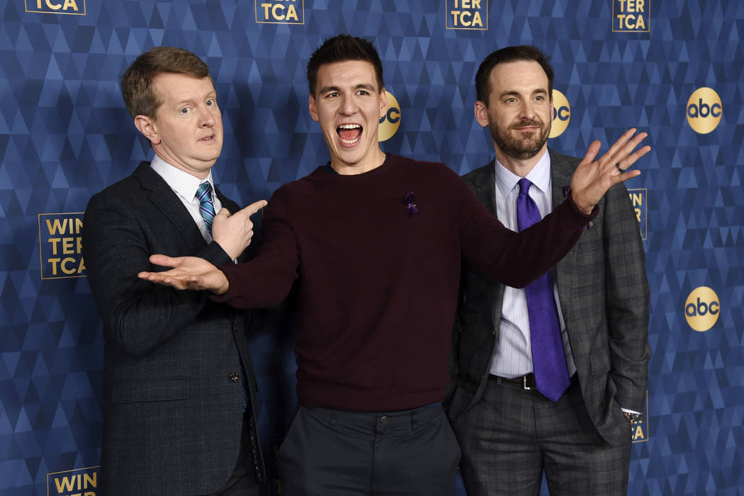 "Jeopardy" champions, from left, Ken Jennings, James Holzhauer and Brad Rutter, cast ...