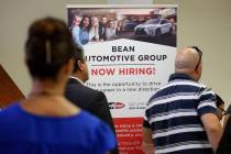 In a Sept. 18, 2019, file photo people stand in line to inquire about jobs available at the Bea ...