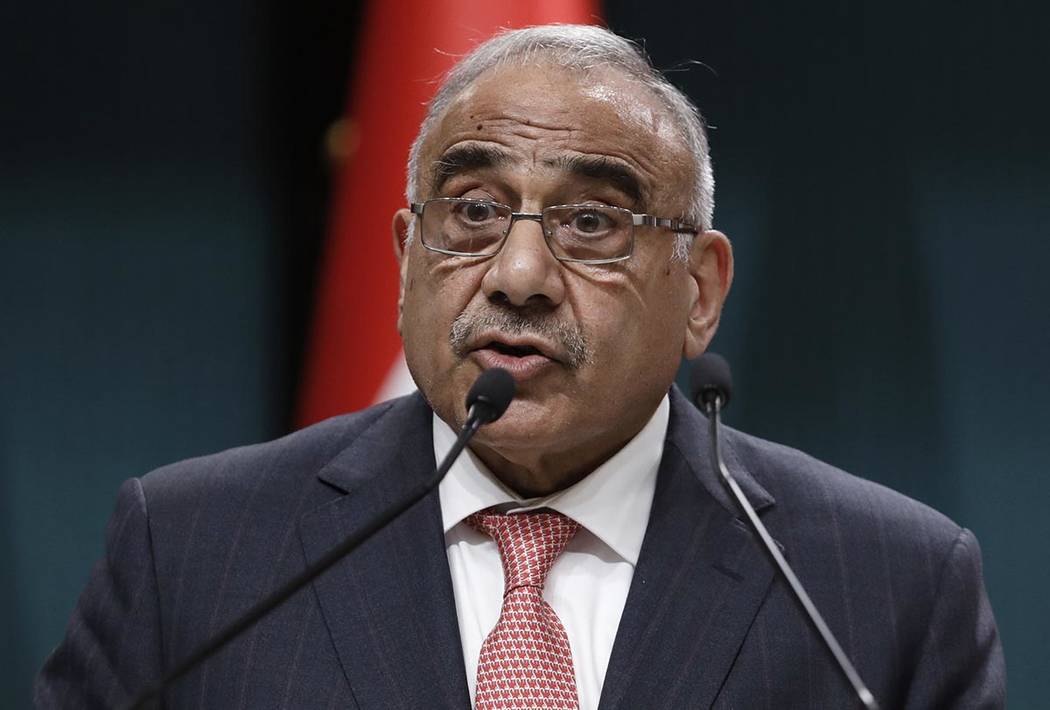 In a May 15, 2019, file photo, Iraqi Prime Minister Adel Abdul-Mahdi speaks to the media during ...