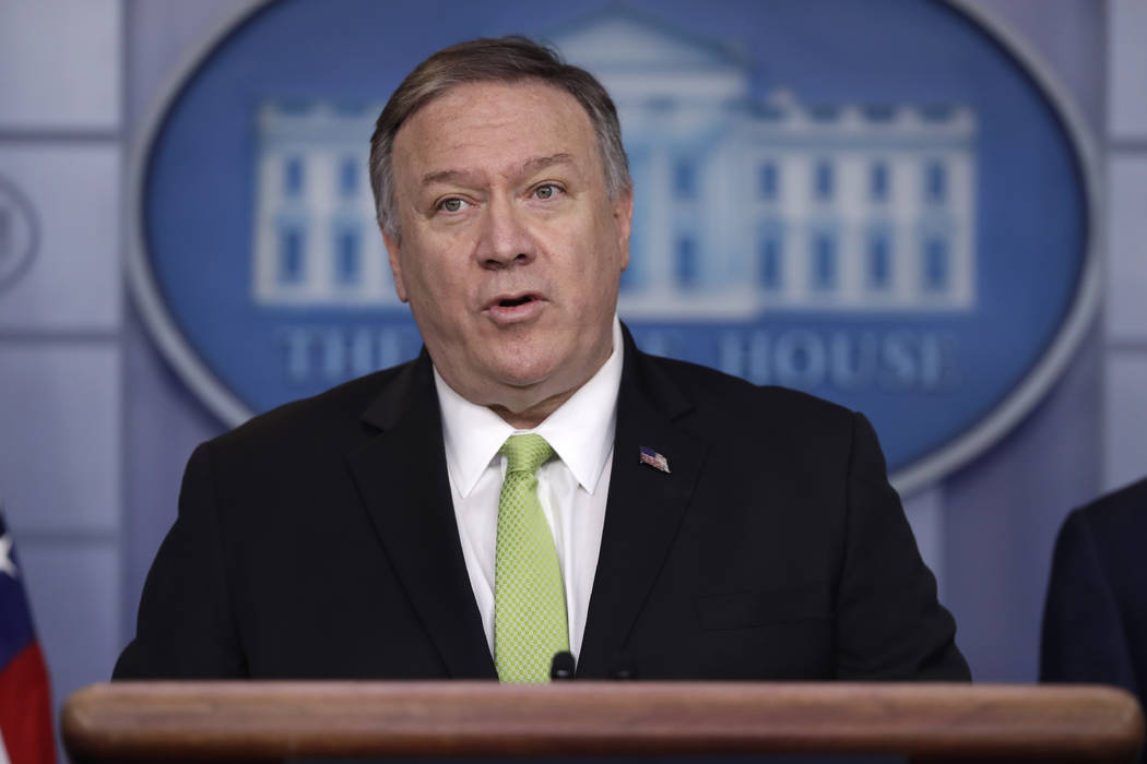 Secretary of State Mike Pompeo briefs reporters about additional sanctions placed on Iran, at t ...