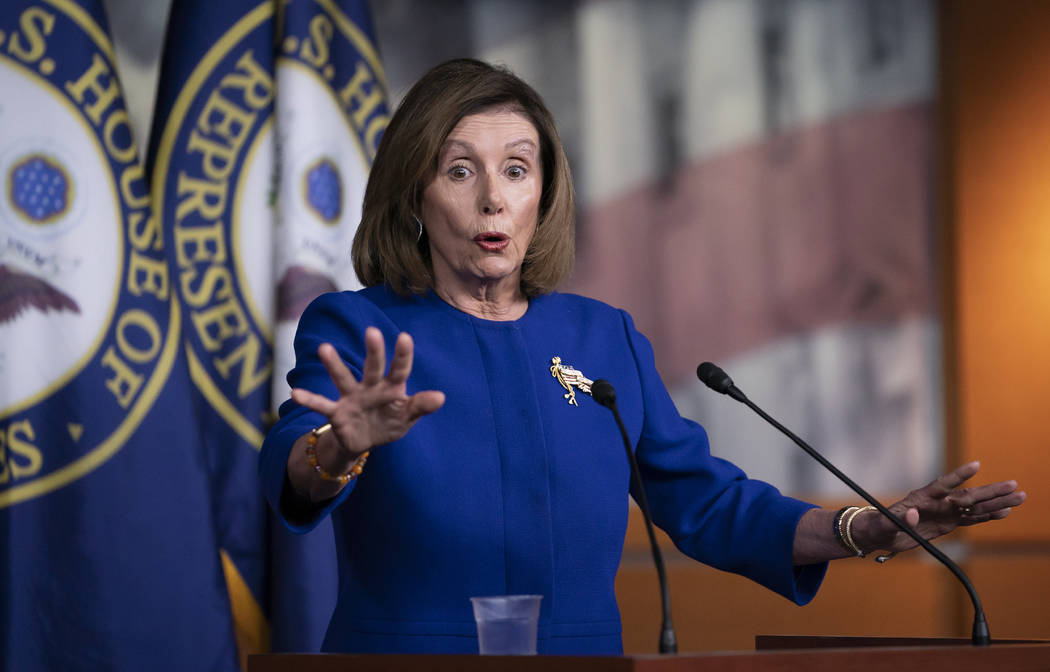 Speaker of the House Nancy Pelosi, D-Calif., arrives to meet with reporters following escalatio ...