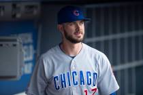 Chicago Cubs Kris Bryant in a baseball game against the Los Angeles Dodgers in Los Angeles, Thu ...