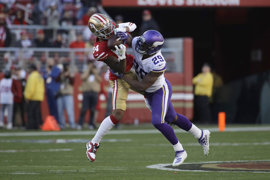 San Francisco 49ers wide receiver Kendrick Bourne (84) catches a pass against Minnesota Vikings ...