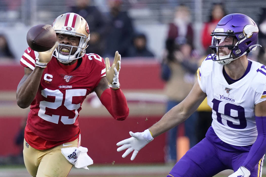 San Francisco 49ers cornerback Richard Sherman (25) intercepts a pass in front of Minnesota Vik ...