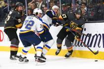 Golden Knights' left wing Max Pacioretty (67) skates with the puck past St. Louis Blues' St. Lo ...