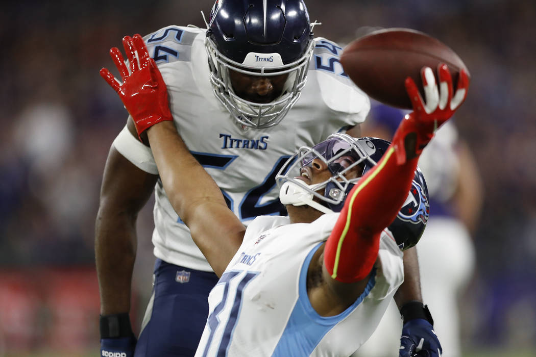 Tennessee Titans free safety Kevin Byard (31) celebrates his interception against the Baltimore ...