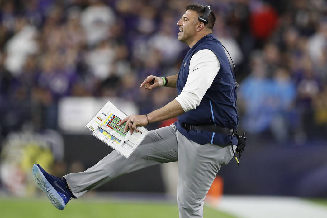 Tennessee Titans head coach Mike Vrabel works against the Baltimore Ravens during the first hal ...