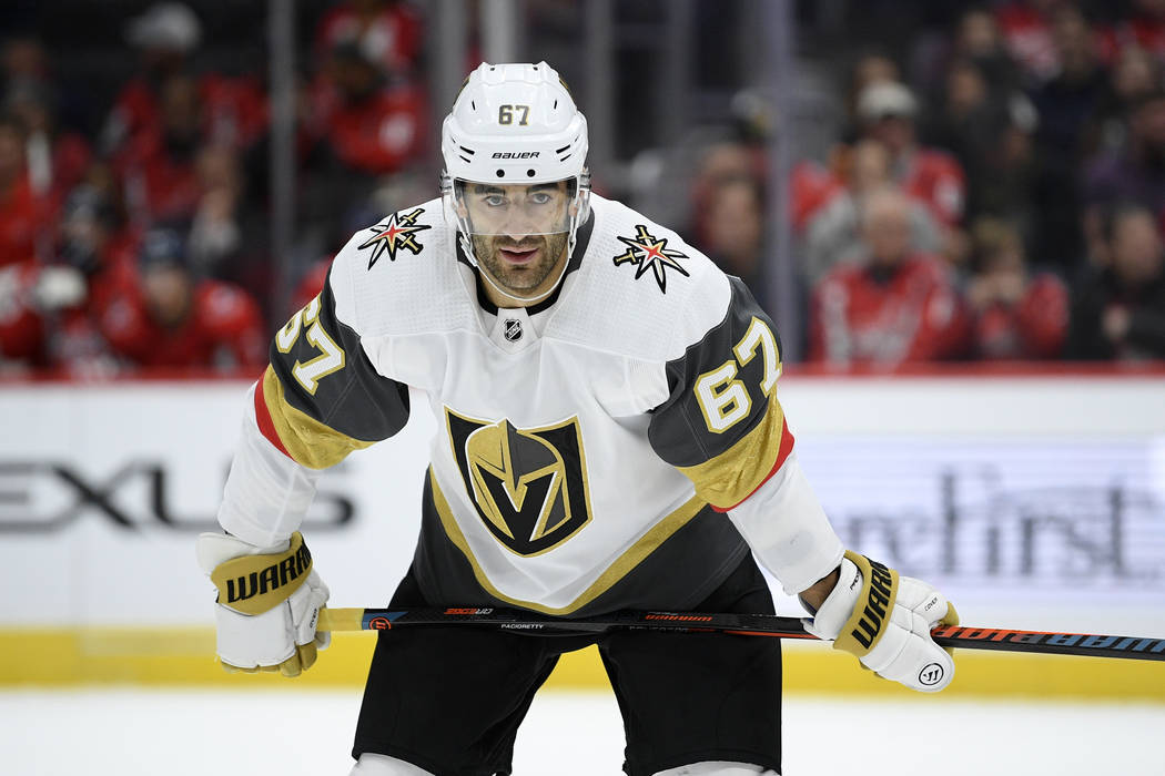 Vegas Golden Knights left wing Max Pacioretty (67) stands on the ice during the first period of ...