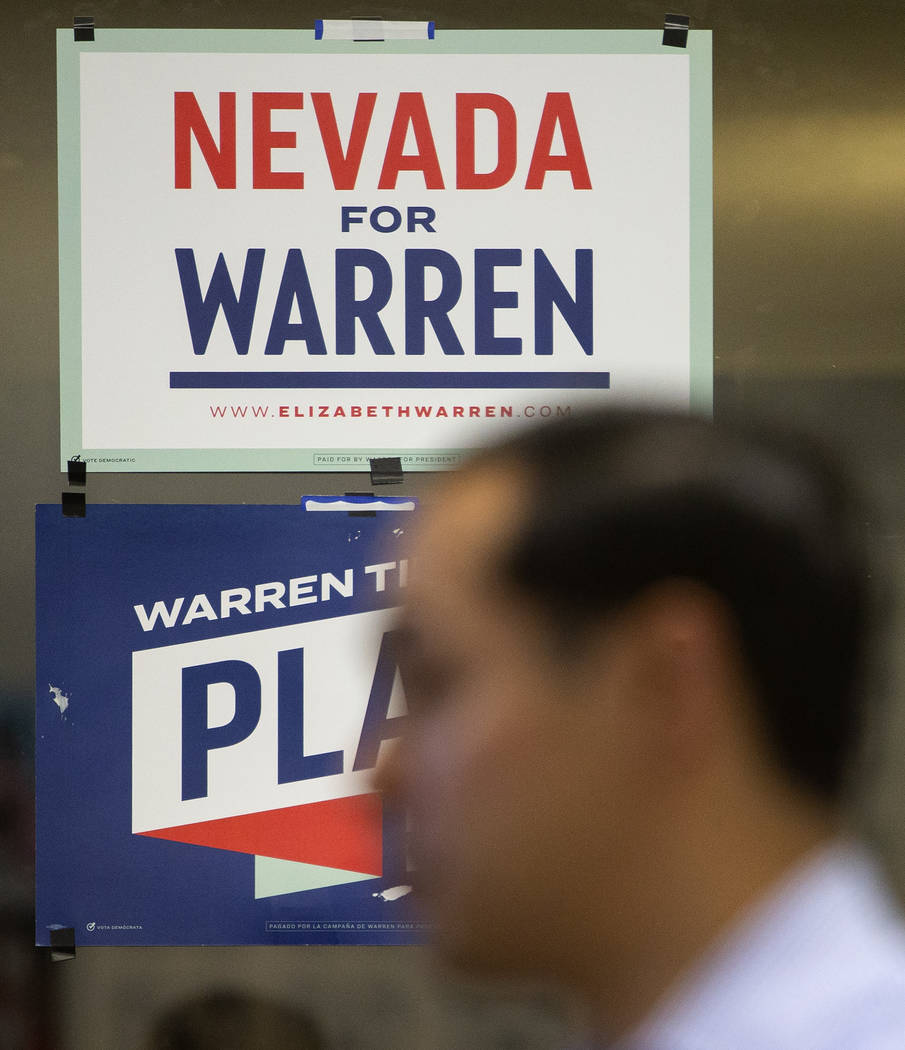 Julian Castro speaks at an organizing event at presidential candidate Elizabeth Warren's North ...