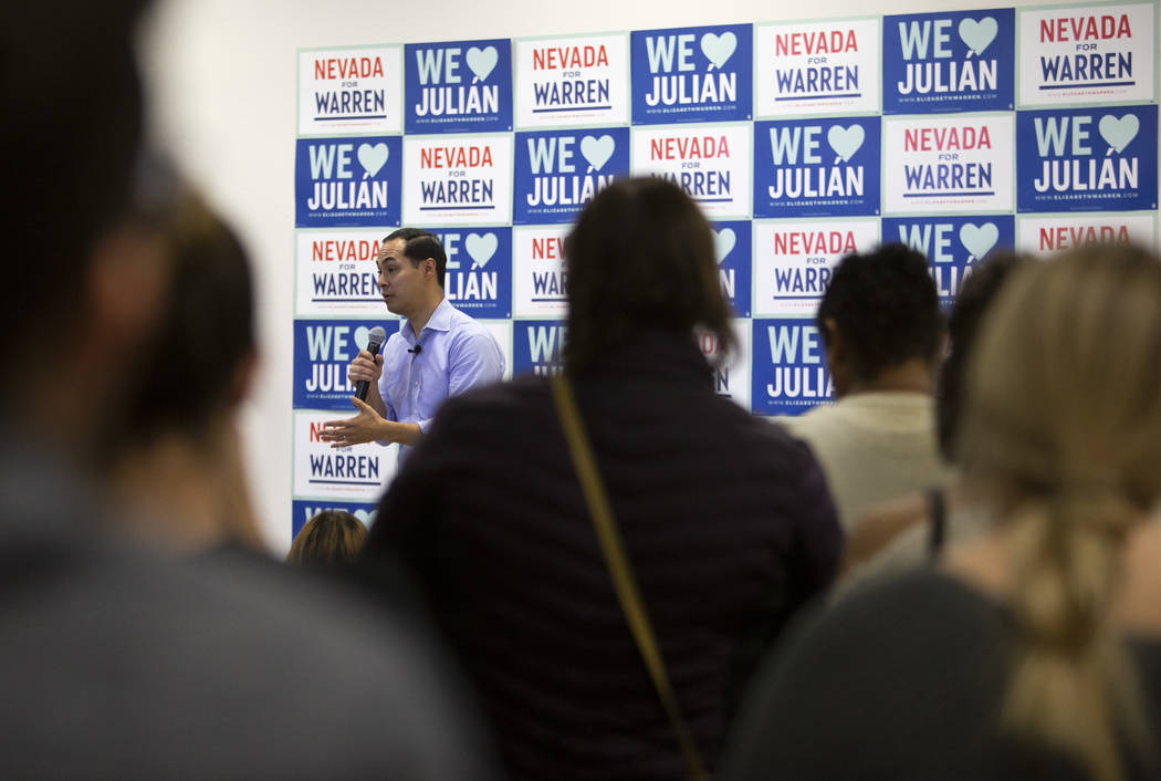 Julian Castro speaks at an organizing event at presidential candidate Elizabeth Warren's North ...