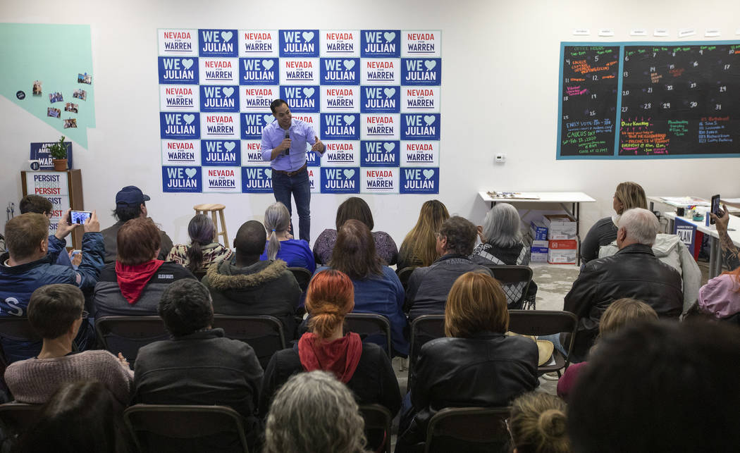 Julian Castro speaks at an organizing event at presidential candidate Elizabeth Warren's North ...