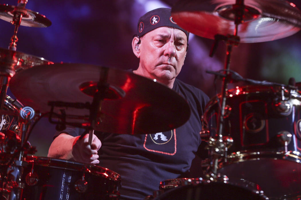 Neil Peart of Rush performing during the final show of the R40 Tour in Los Angeles, Aug. 1, 201 ...