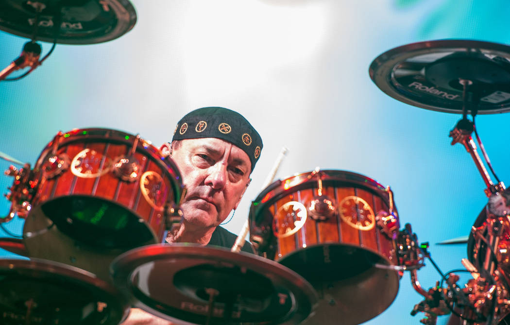 Neil Peart of Rush performing during the the R40 Tour at MGM Grand Garden Arena on July 25, 201 ...