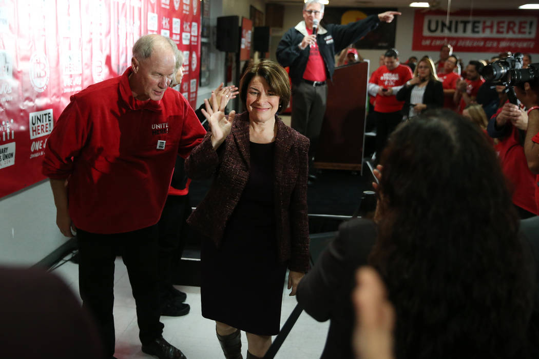 Democratic presidential candidate Amy Klobuchar, right, with D. Taylor, president for Unite Her ...