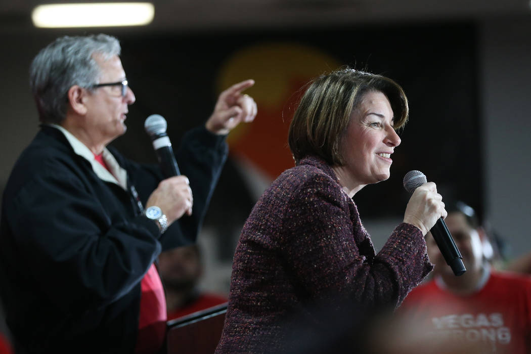 Democratic presidential candidate Amy Klobuchar speaks during a town hall at the Culinary Worke ...