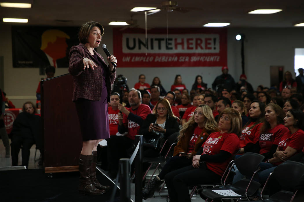 Democratic presidential candidate Amy Klobuchar speaks during a town hall at the Culinary Worke ...