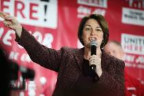 Democratic presidential candidate Amy Klobuchar speaks during a town hall at the Culinary Worke ...