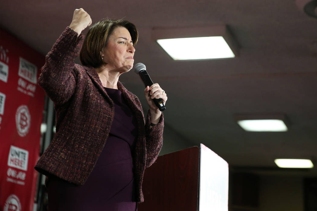 Democratic presidential candidate Amy Klobuchar speaks during a town hall at the Culinary Worke ...