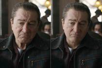This combination of photos shows actor Robert De Niro, left, during the filming of "The Ir ...