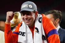Clemson coach Dabo Swinney celebrates after Clemson defeated Ohio State 29-23 in the Fiesta Bow ...