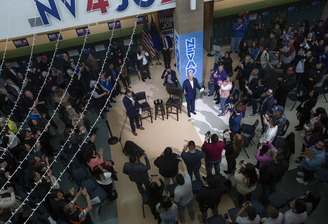 Presidential candidate Joe Biden takes the stage at a campaign event at Rancho High School on S ...