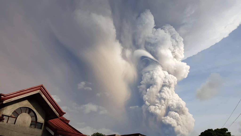 Taal Volcano spews ash and smoke during an eruption as seen from Cavite province, south of Mani ...