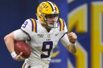 FILE - In this Dec. 7, 2019, file photo, LSU quarterback Joe Burrow (9) runs against Georgia du ...