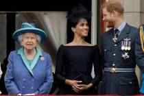 FILE - In this Tuesday, July 10, 2018 file photo Britain's Queen Elizabeth II, and Meghan the D ...