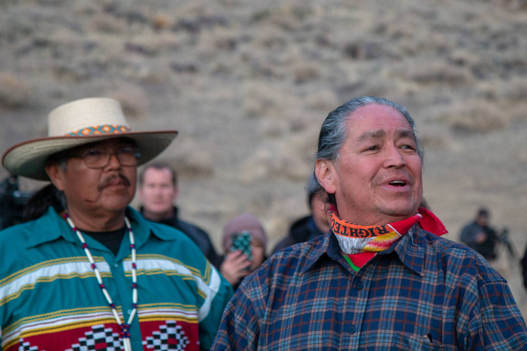 Pyramid Lake Paiute Vice Chairman Alan Mandell, right, speaks to the crowd of supporters gather ...