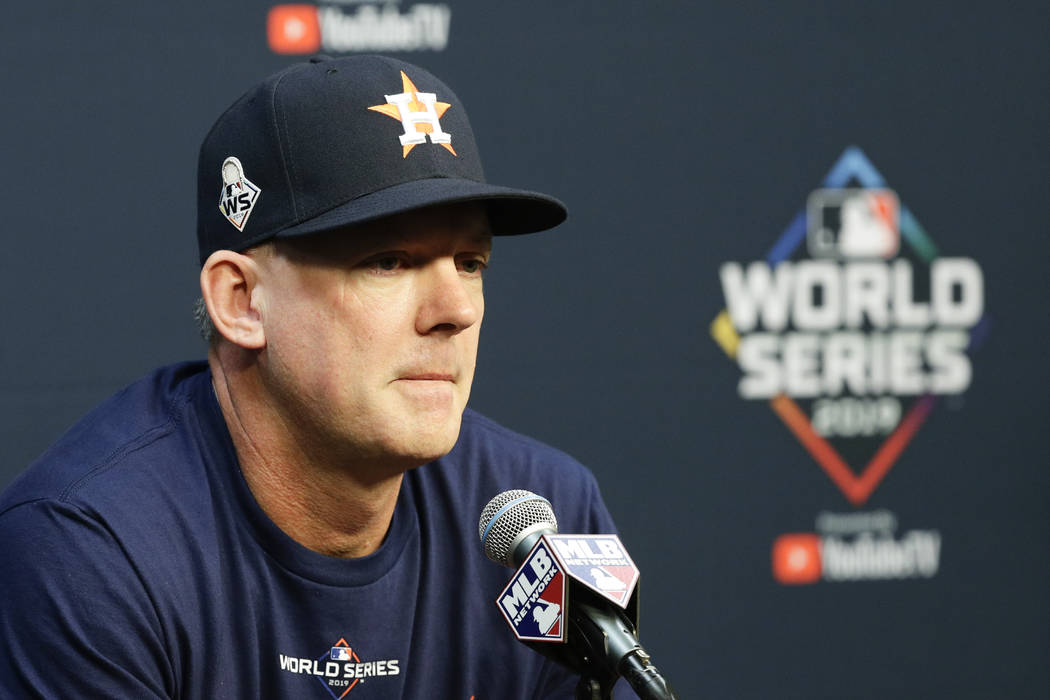 Houston Astros manager AJ Hinch speaks during a news conference for baseball's World Series Mon ...