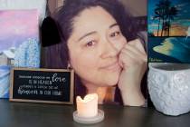 A photograph of Gilma Rodriguez-Walters, 53, is displayed next to pieces of her artwork in the ...