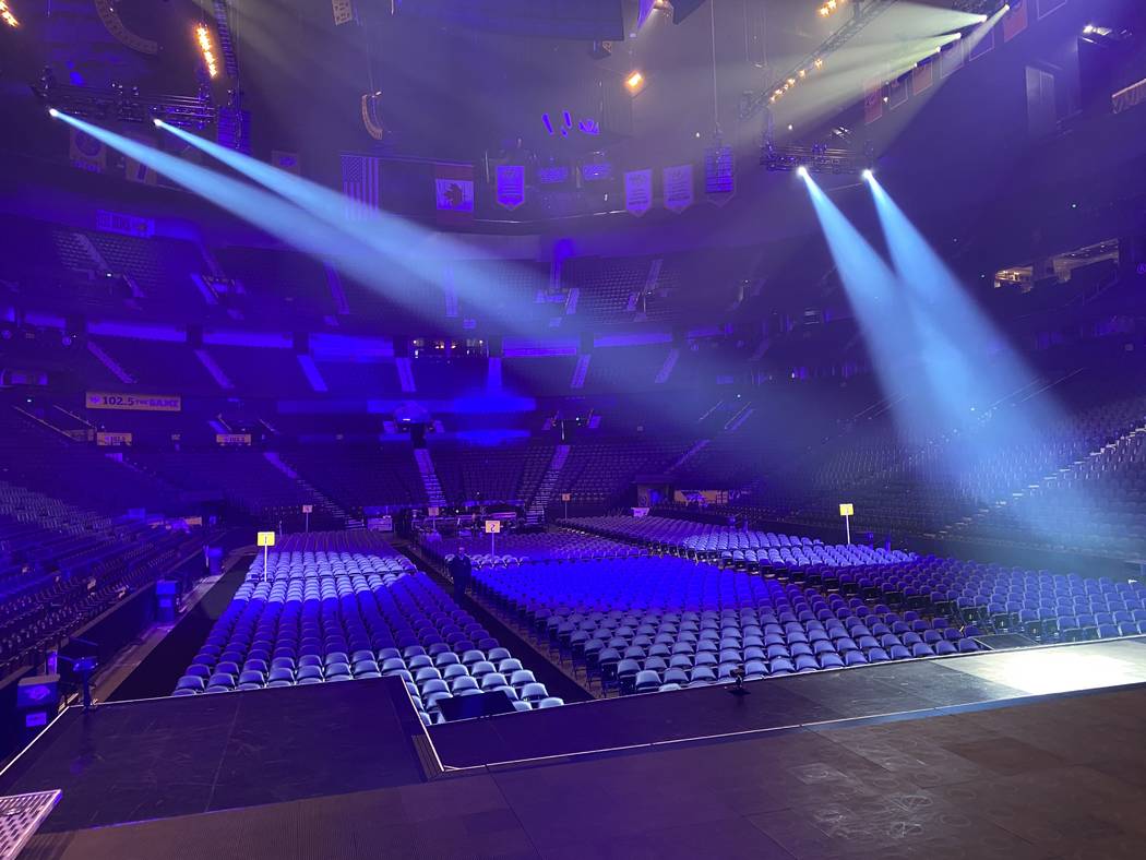 A pre-show look at the staging for Celine Dion's show at Bridgestone Arena in Nashville on Mond ...