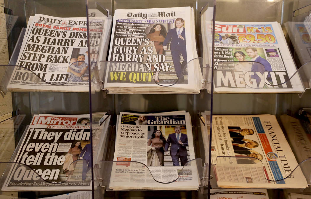 Newspapers are seen for sale in London, Thursday, Jan. 9, 2020. In a statement Prince Harry and ...